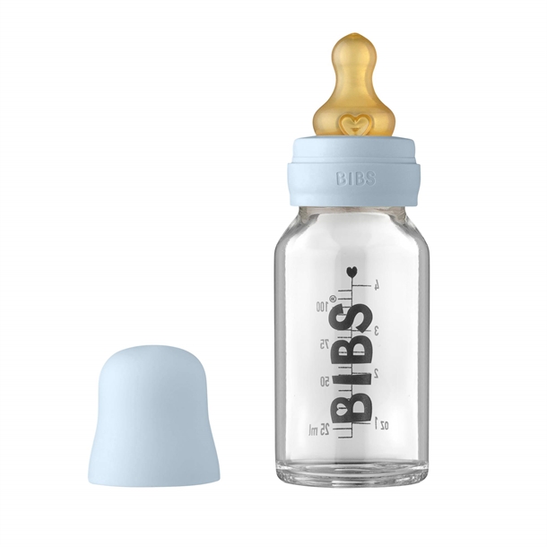Bibs Sutteflaske Glas Anti Kulik 110 Naturgummi Baby Blue - Bibs Baby  - 5713795238651