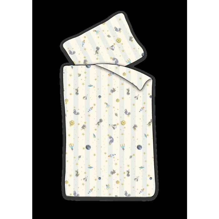 Hvid Baby Sengetøj 70x100 T Stribet Sengesæt Med Dinosaurer Rumraketter 100 Blødt Bomulds Sengelinned - By Mats Baby  - 5714710020146