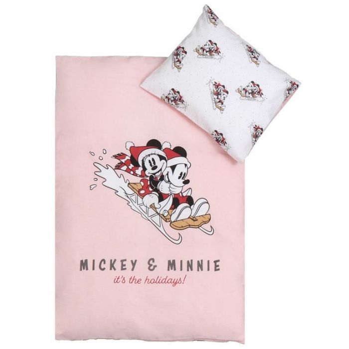 Baby Julesengetøj 70x100 Mickey Minnie Mouse Sengetøj 100 Blød Bomuld Mickey Minnie Mouse Sneen - Borg Living Baby  - 5704039349608