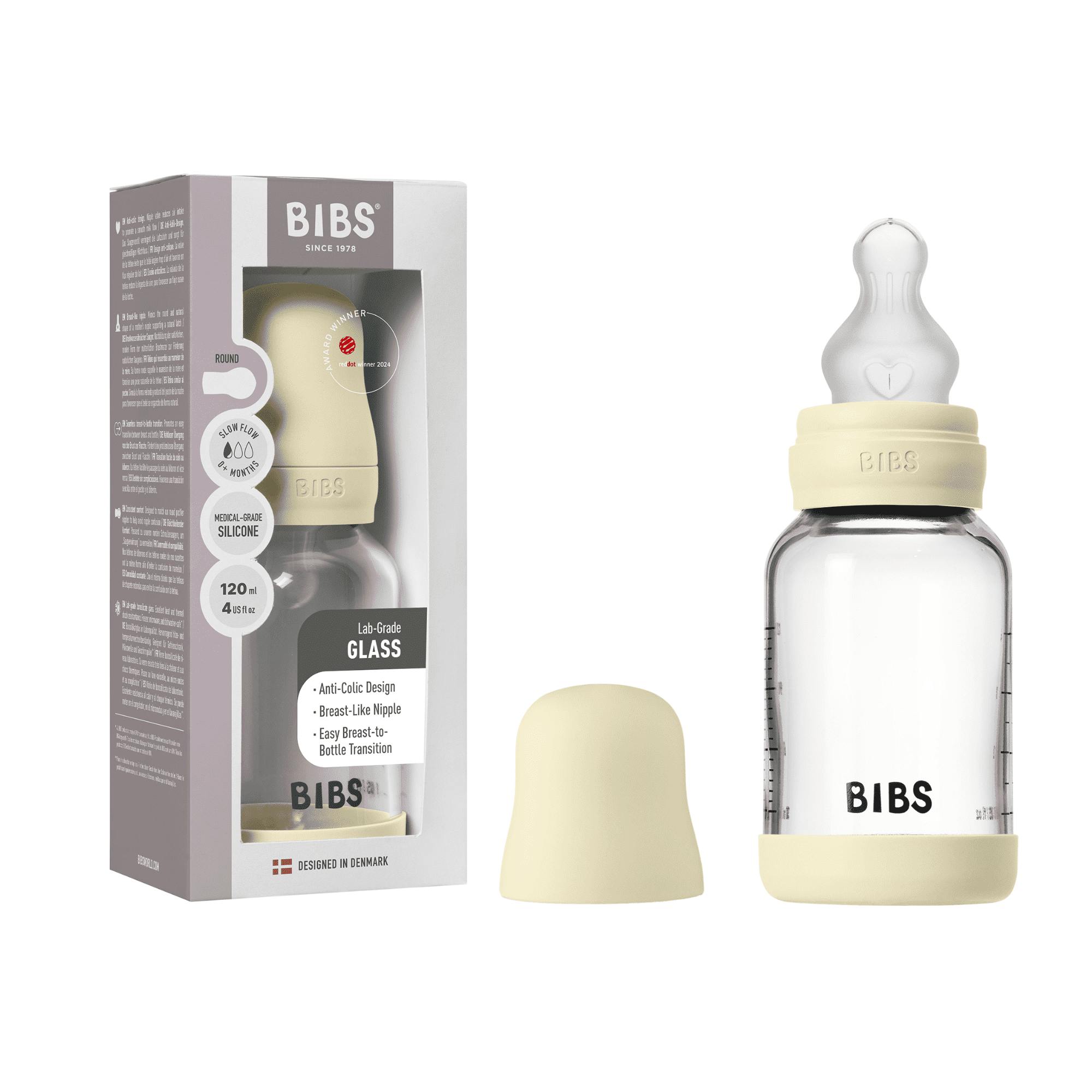 Bibs Glass Baby Bottle Silicone Slow Flow Ivory 120 - Bibs Baby - 5713795265671